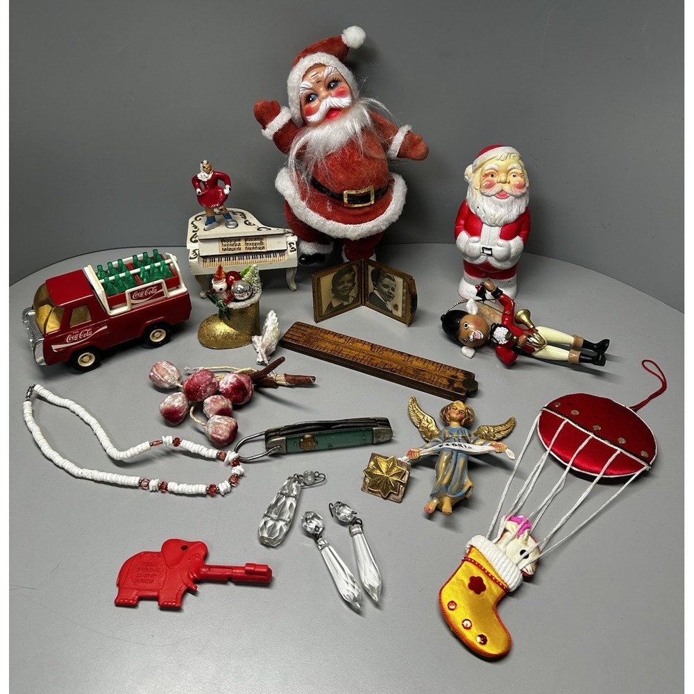 Vintage Estate Junk Drawer Lot Holiday Xmas Santa Coca-cola Truck Knife Trinkets